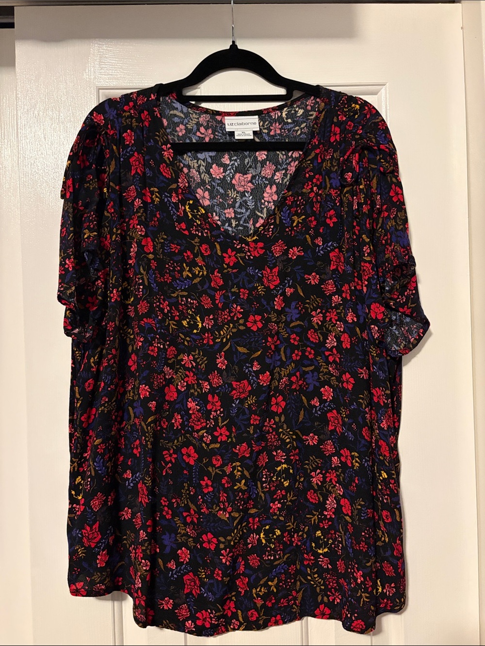 Liz Claiborne Black Floral V-Neck Blouse with Red and Blue Flowers